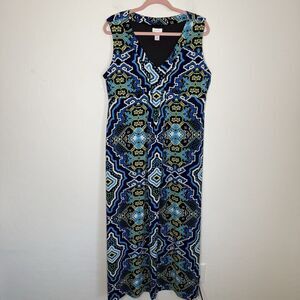 Chicos Women’s Sz 2 Jersey Stretch Empire Waist Colorful Ikat Maxi Dress Mature